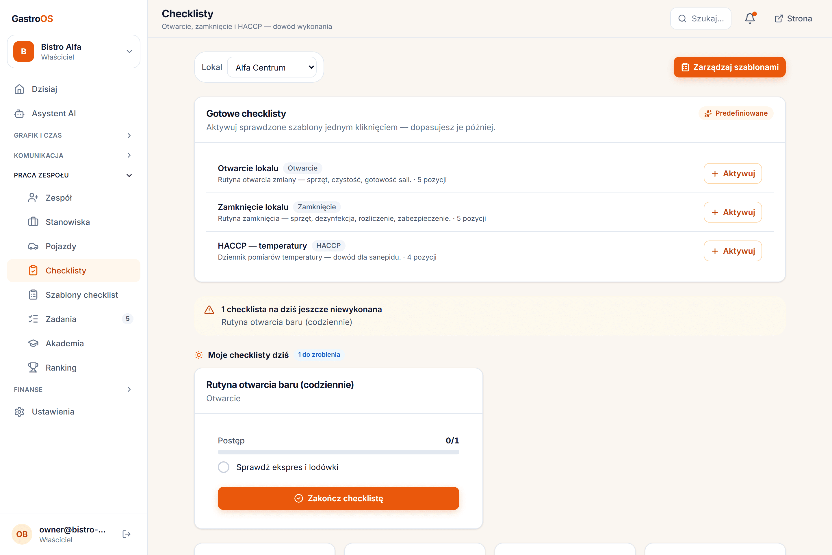 Ekran checklist w GastroOS — gotowe szablony i checklisty na dziś
